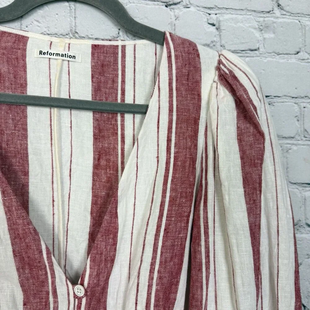 Reformation Finnegan Linen Striped Blouse Top White Red Stripe Size 4 Coastal